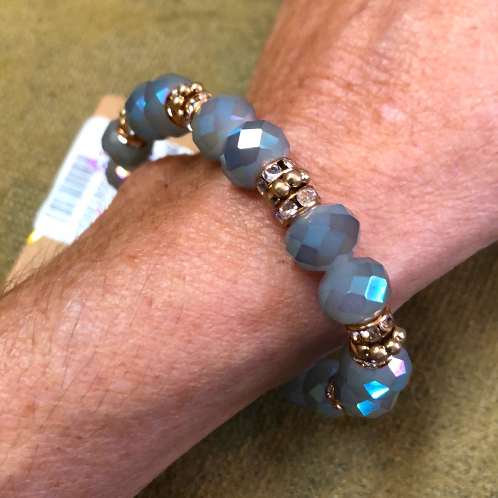 Pretty Smoky Blue Crystal Bracelet with Gold Beads and Rhinestone Accents